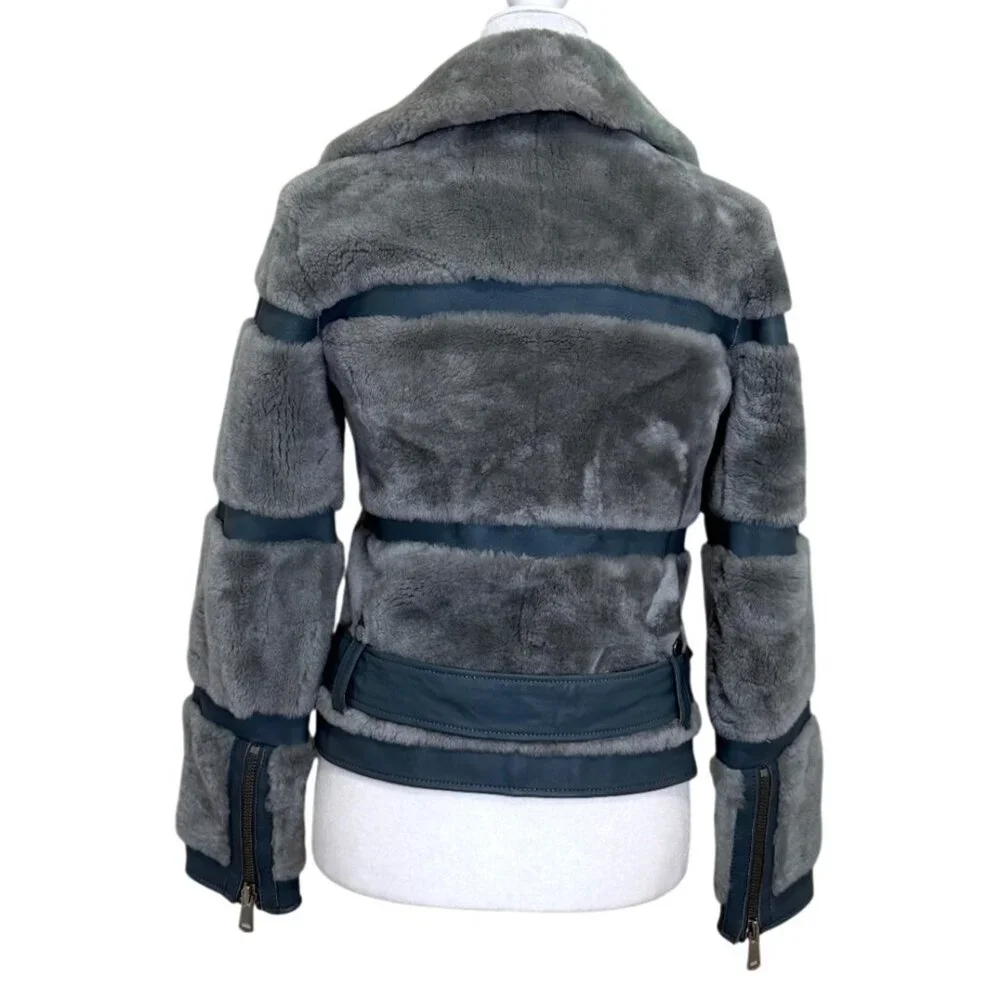 Reiss Ellie Anthracite Leather Shearling Jacket Belt Zipper Detail Gray Size XS - Picture 3 of 8